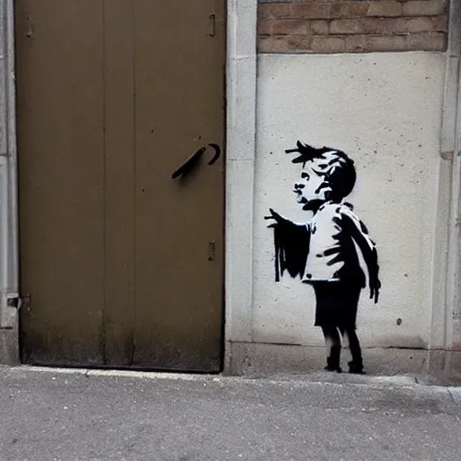 Prompt: banksy street art about being shy and unable to express