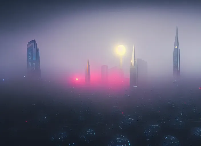 Prompt: glowing alien spheres over the city, fog, rain, volumetric lighting, beautiful, mystique, golden hour, sharp focus, ultra detailed, concept art, gilles beloeil, andy park, jan urschel, dylan cole, noir art house, 4 k, 3 5 mm, fujifilm