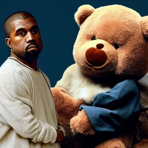 Prompt: A renaissance painting of Kanye West with a anthropomorphic Teddy Bear mascot, portrait,