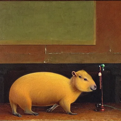 Prompt: a capybara playing video games, oil painting, by randolph caldecott