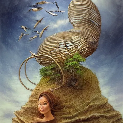 Prompt: beautiful portrait of bamboo living pods shaped like a sea shell embedded on the side of a cliff, the time machine, mechanical birds in flight, panoramic view, art by artgerm, artwork by peter gric and brian froud and esao andrews