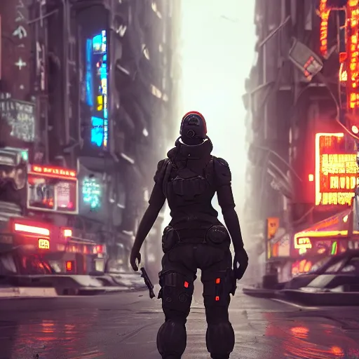 Prompt: trending on artstation 4k, unreal engine render, beautiful illustration of military woman standing in cyberpunk city