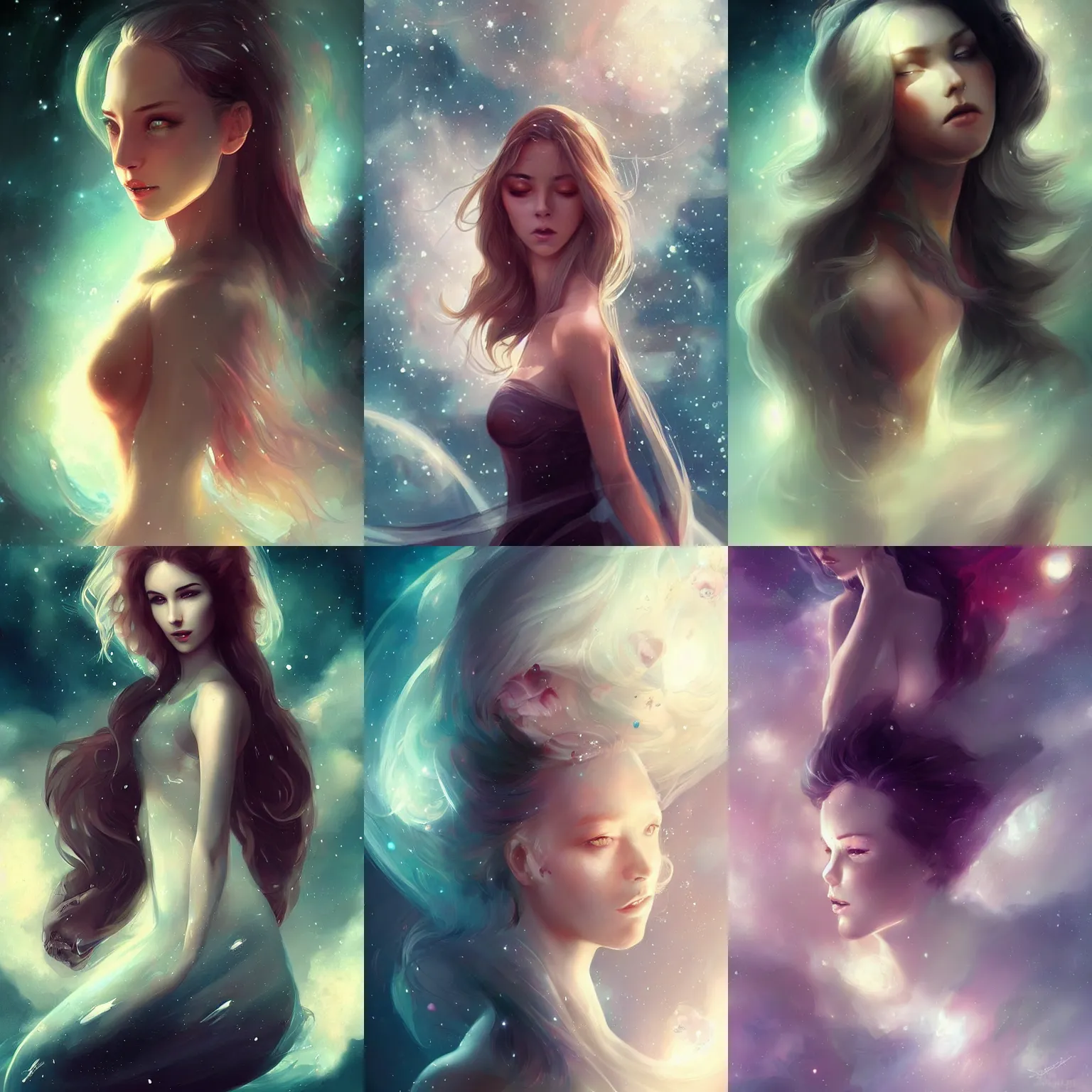 Prompt: beautiful woman floating in space, highly detailed, portrait, Charlie Bowater character art,