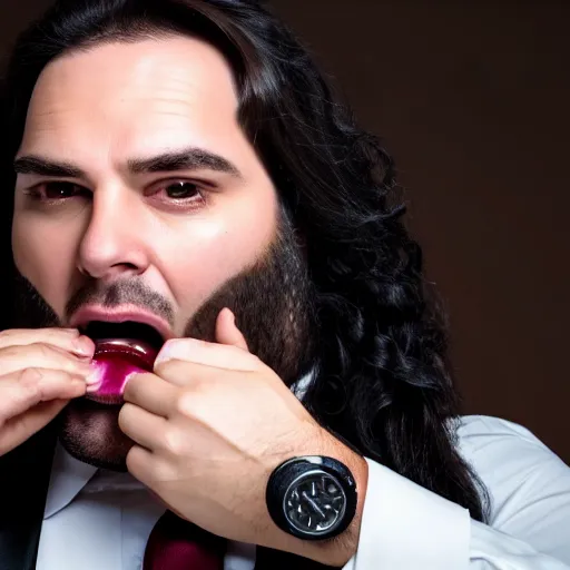 Prompt: Close up portrait of a clean-shaven chubby man with long black hair wearing a brown suit and necktie with a television in the background. Photorealistic. Award winning. Dramatic lighting. Intricate details. UHD 8K. His mouth is open.