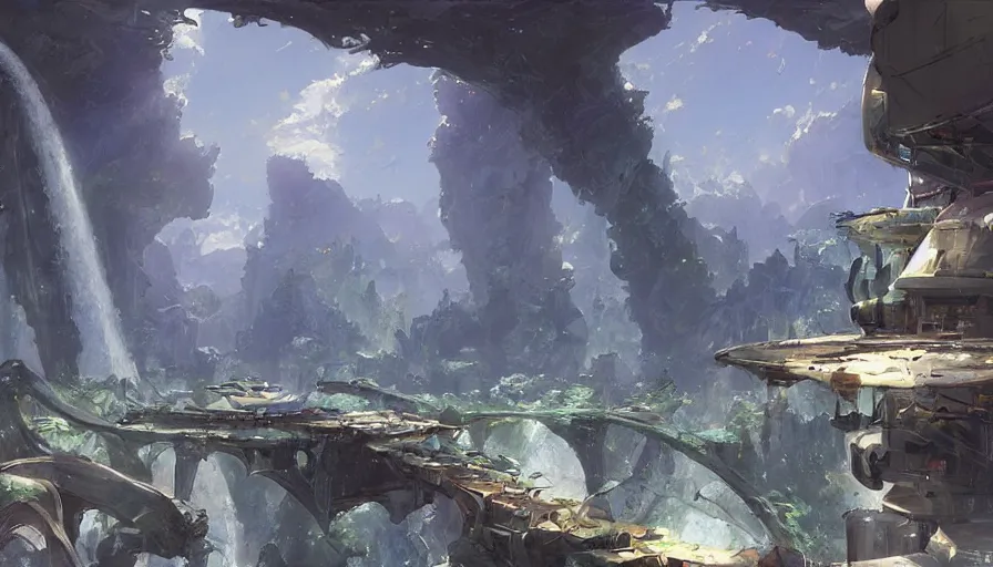 Image similar to craig mullins and studio ghibli illustration, concept art for a future city in space, multiple beautiful animals never seen before roam the area, lots of waterfalls and water elements, unreal engine, hyper realism, realistic shading, cinematic composition, realistic render, octane render, detailed textures, photorealistic, wide shot