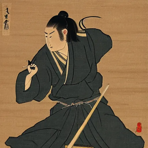 Image similar to Edo period Japan Ronin cleaning his sword in the style of an ancient painting