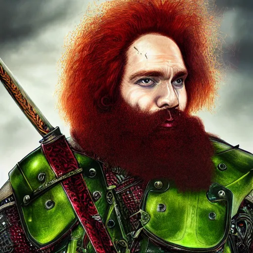 Image similar to portrait of a red haired dwarf - long curly hair, full beard, scar on the forehead, wearing leather armor with green accents, battleaxe on his back, digital art, highly detailed, intricate, sharp focus