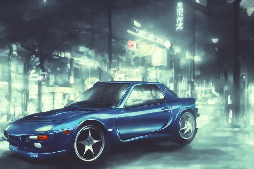 Prompt: aesthetic illustration of ryosuke takahashi with black hair wearing a dark blue shirt leaning on his white mazda rx 7 on an empty highway at dusk, cinematic lighting, initial d anime 1 0 8 0 p, detailed anime face, high detail, 9 0 s anime aesthetic, volumetric lights, rule of thirds, unreal engine 5 render, pinterest wallpaper, trending on artstation