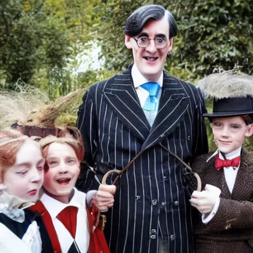 Prompt: a photo of jacob rees - mogg as the childcatcher, chitty chitty bang bang