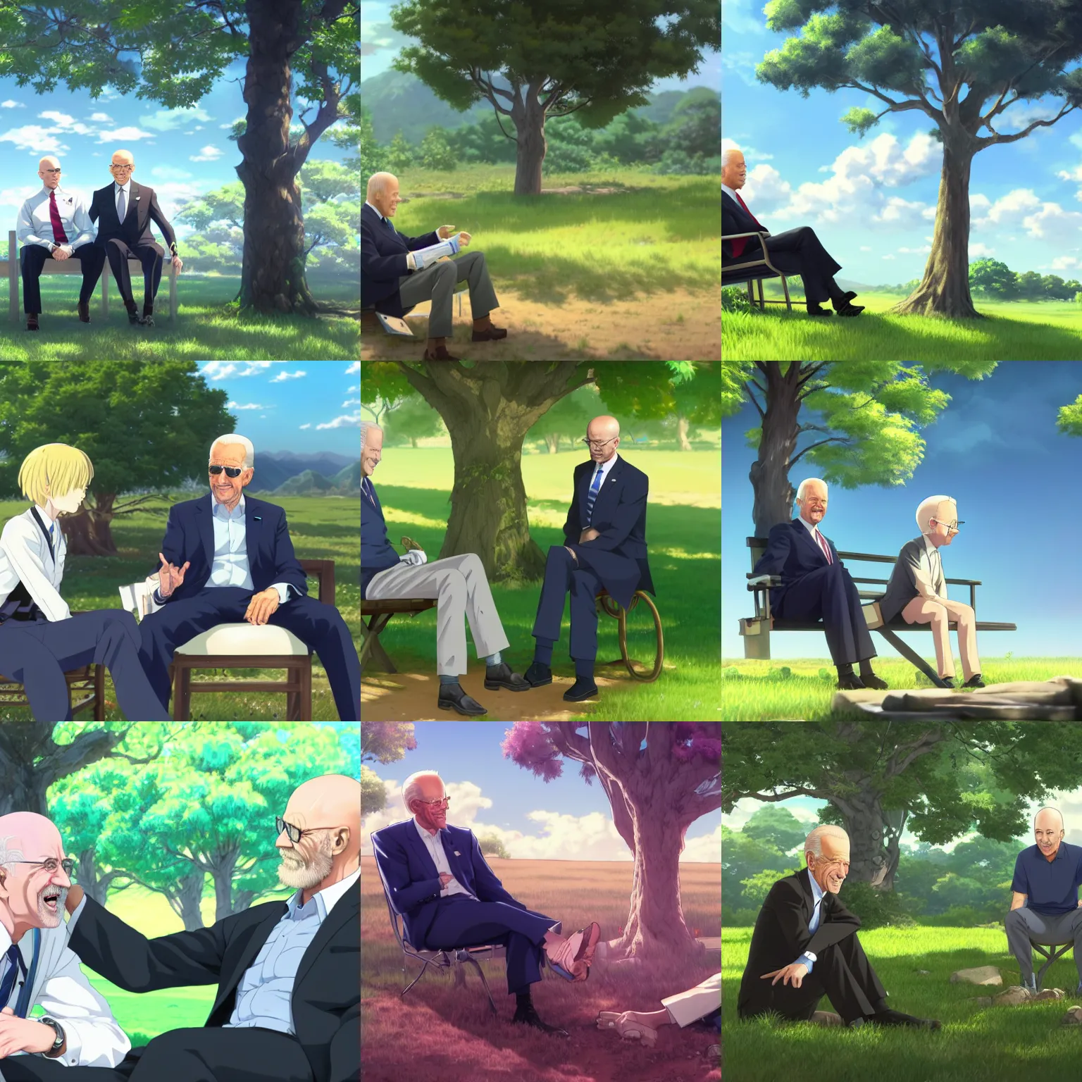 Prompt: photorealistic Joe Biden meets a beautiful smiling photorealistic bald Walter White sitting under a tree, anime key visual, digital art, anime screenshot, kyoto animation, makoto shinkai, trending on artstation