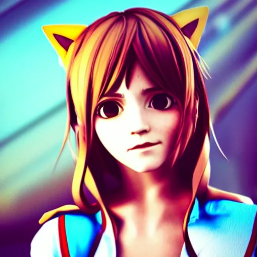 Image similar to 3 d photo of emma watson cosplaying as an anime catgirl, bokeh, shader, anime art style, highly detailed, cel - shaded, colorful, animated, trending