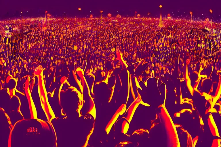 Prompt: a huge crowd partying with their hands up at a festival, silhouette, digital art, vivid colors, trending on artstation, 4k, unreal engine, intricate, ornate