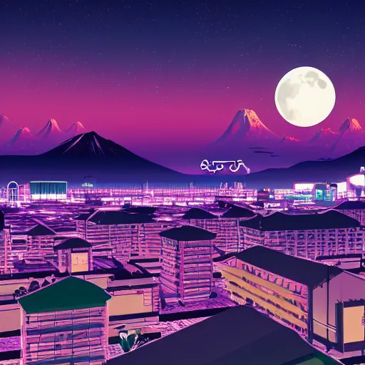 Image similar to synthwave japanese town with moon background, sharp focus, 8 k, high details