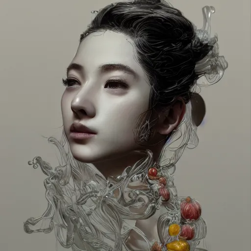 Image similar to the portrait of an absurdly beautiful, graceful, elegant, sophisticated, young gravure idol made up of lemons, an ultrafine hyperdetailed illustration by kim jung gi, irakli nadar, intricate linework, bright colors, octopath traveler, final fantasy, unreal engine 5 highly rendered, global illumination, radiant light, detailed and intricate environment