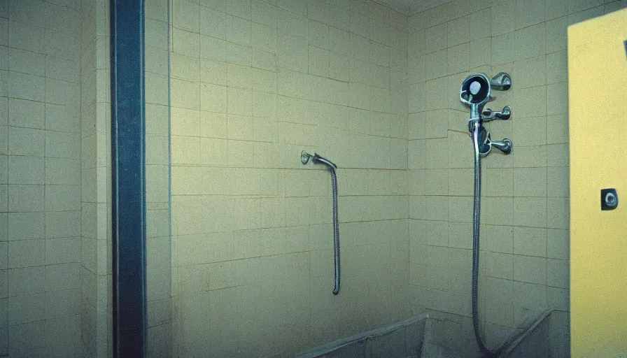 Image similar to 60s movie still of a sovietic stalinist style empty prison shower light yellow tiles, cinestill 800t 50mm eastmancolor, liminal Space style, heavy grain-s 150