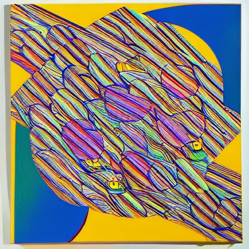 Prompt: rubber duck painting in the style of frank stella, concentric lines, overlapping lines, very colorful