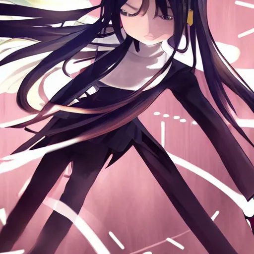 Image similar to luxury advertisement, astonishing artwork of a very beautiful dancing anime schoolgirl with black bob hair in style of cytus and deemo, full perfect face, she is dancing, set in Half-life. Realistic, highly detailed background, Pixiv, 120 degree view, drawn by Sasoura, Satchely and Akihiko Yoshida, no distortion