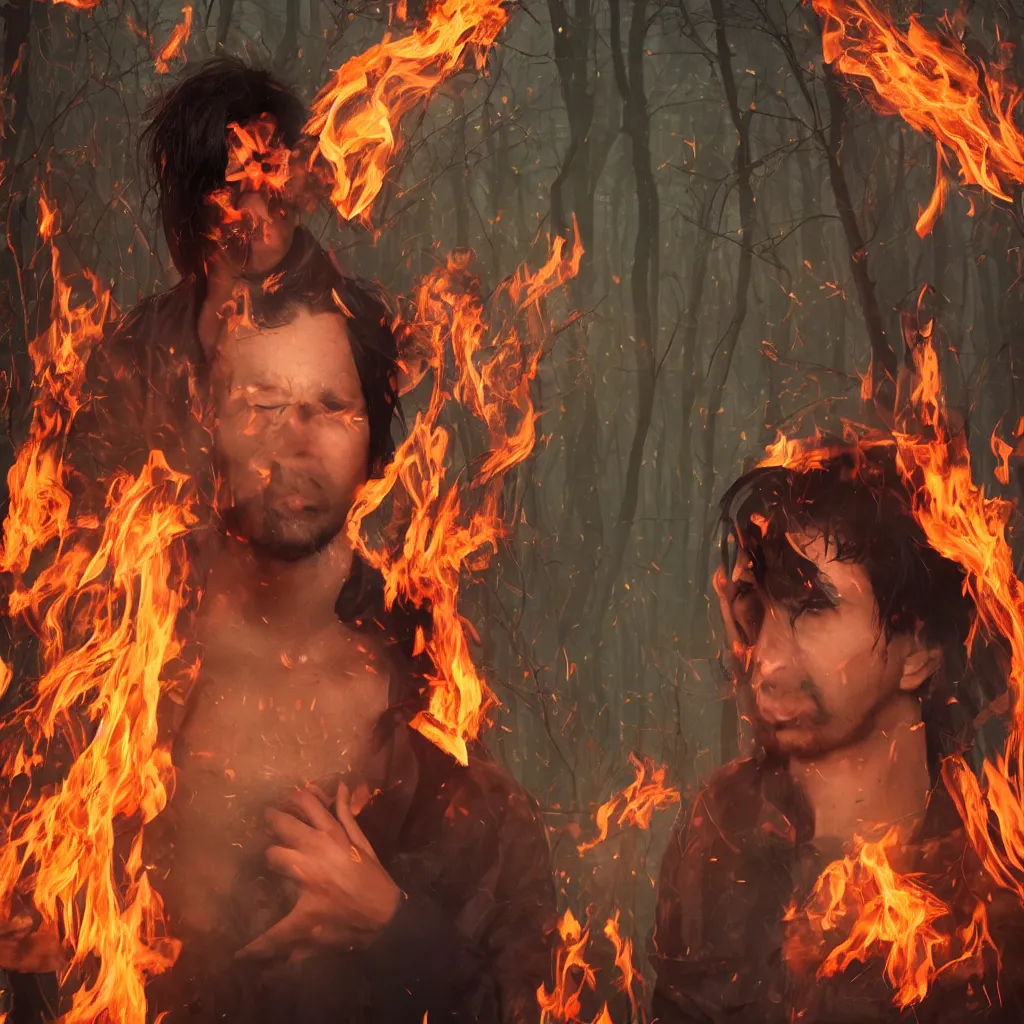 Image similar to portrait of a young man, black hair with white stripe in middle, angry, surrounded by fire in a forest, red cardinal on his shoulder, 4 k,