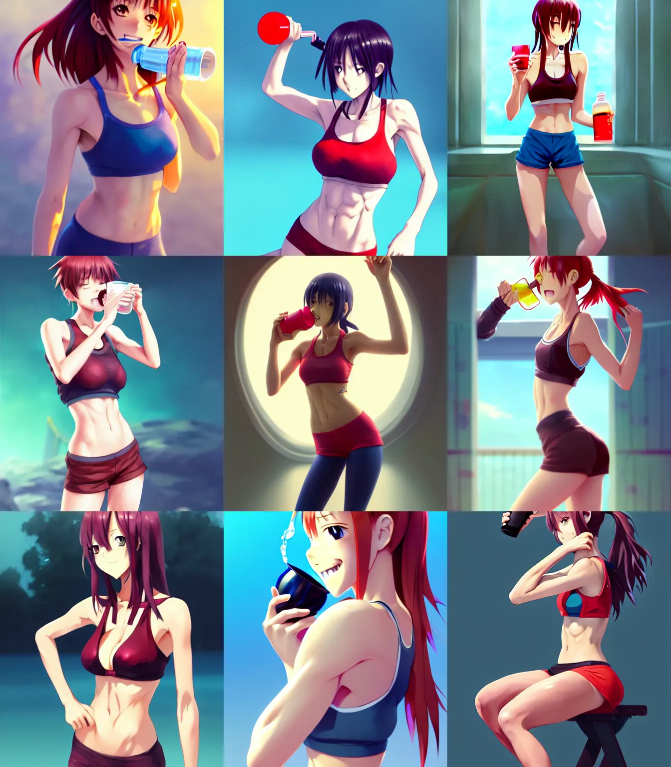 Prompt: hot anime girl drinking water after running, sports bra and shorts, athletic body, hourglass slim figure, juicy legs, red hair and attractive features, realistic body proportions, seductive smile, details, digital painting, artstation, kyoani, concept art, 3d, sharp focus, illustration, realistic digital art by Jordan Grimmer and Wojtek Fus and greg rutkowski