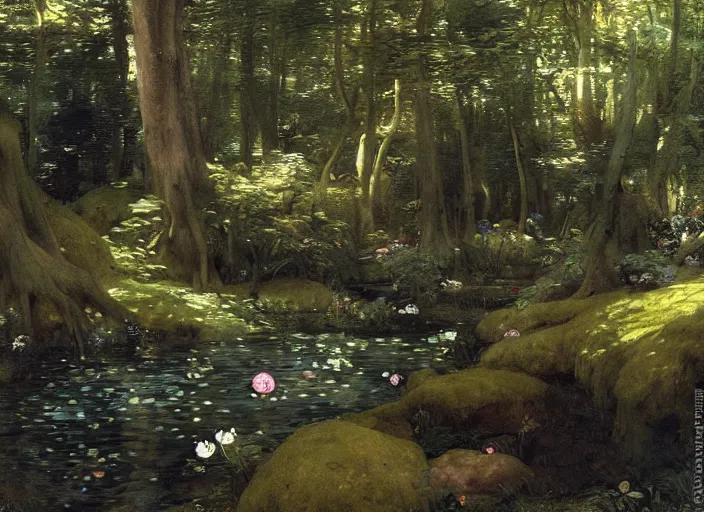 Prompt: airy forest glade ( wide and clear ). dream - like atmosphere ( time seems to dawdle ). cheery stream ( runs through glade, bubbling over rocks ).. edgar maxence and caravaggio and michael whelan and delacroix style, artistic, intricate painting, cinematic lighting, hyper realistic, extremely detailed, vivid colors, establishing shot, dramatic lighting