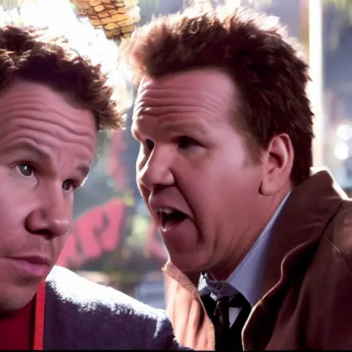 Image similar to scene from a movie that looks like a drama but it's a laugh hard comedy, mark wahlberg and will ferrell being a chaotic duo, shot by darren aronofsky, 4 k