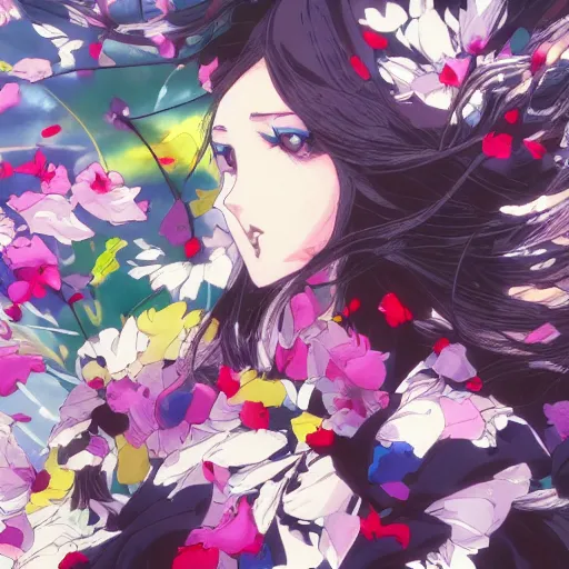 Prompt: background art of spaciously scattered multi colored flower petals flowing through the air from left to right on a clean background, anime, artgerm, manga, trending on artstation, yoji shinkawa, art nouveau