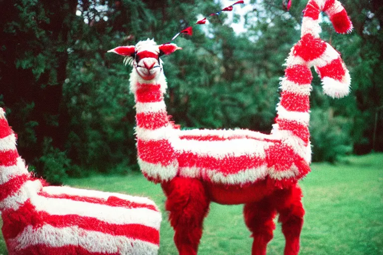 Image similar to a photo of a giant mutant candy cane llama in its natural habitat, kodak ektachrome e 1 0 0 photography