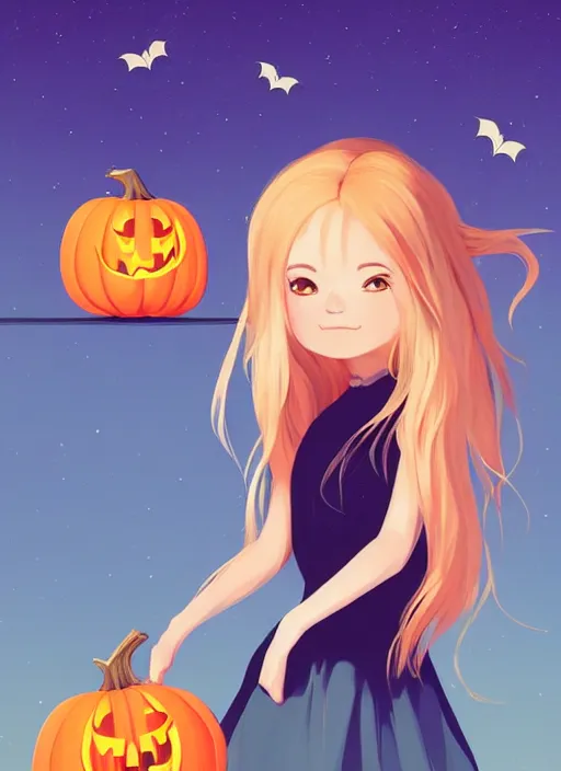 Image similar to little girl with long blonde hair holding a pumpkin. bats in the background. clean cel shaded vector art. shutterstock. behance hd by lois van baarle, artgerm, helen huang, by makoto shinkai and ilya kuvshinov, rossdraws, illustration, art by ilya kuvshinov