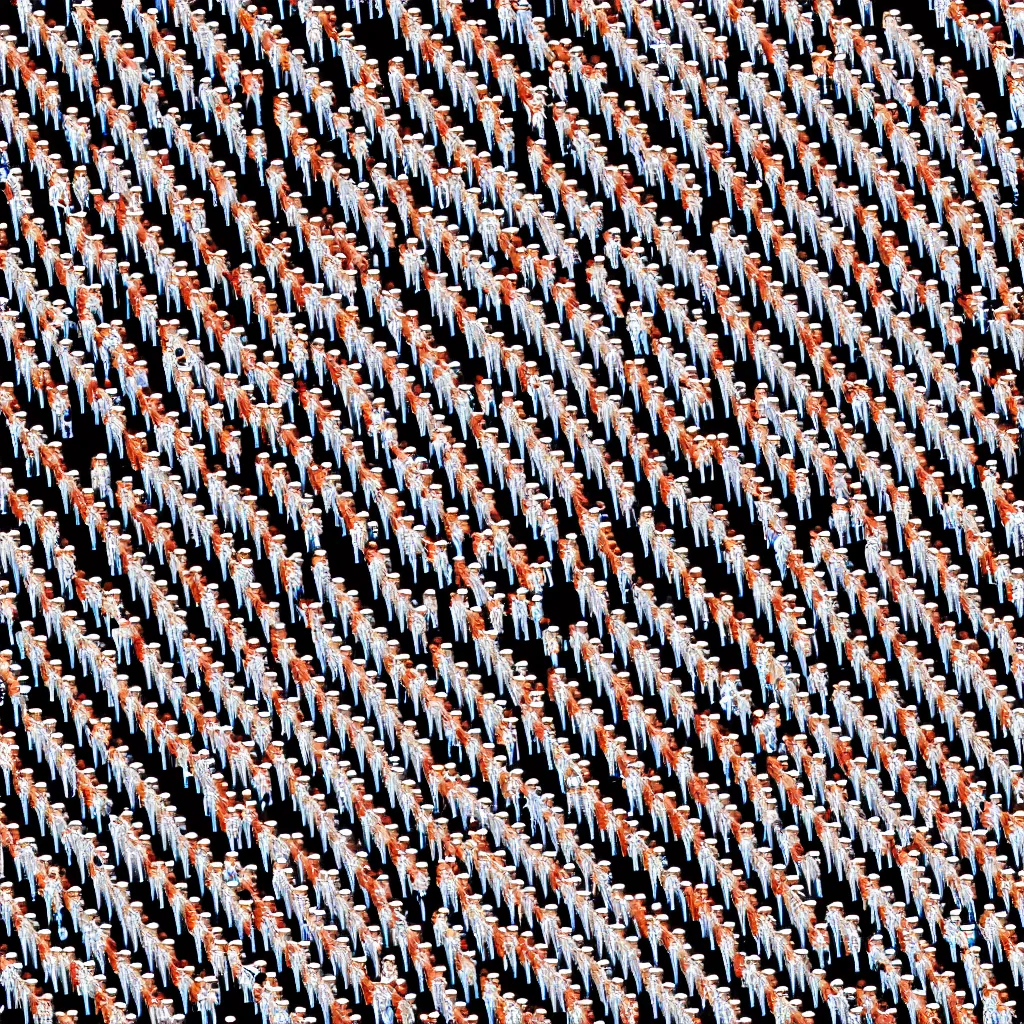 Image similar to top down where's waldo with lots of robots and one human