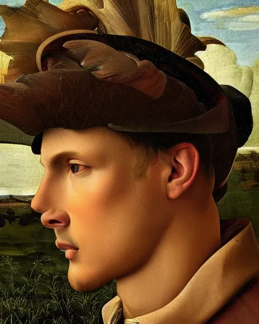 Image similar to beautiful close - up, oil on canvas, portrait of beautiful young man in hunting clothes of 1 7 th century with a greyhound!! dog, autumn field, cinematic lighting, highly detailed, digital art, renaissance painting, by botticelli, by rutkowsky