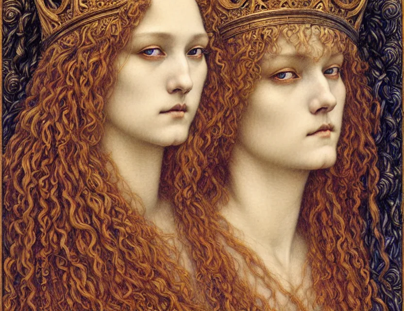 Image similar to detailed realistic beautiful young medieval queen face portrait by jean delville, gustave dore and marco mazzoni, art nouveau, symbolist, visionary, gothic, pre - raphaelite. horizontal symmetry