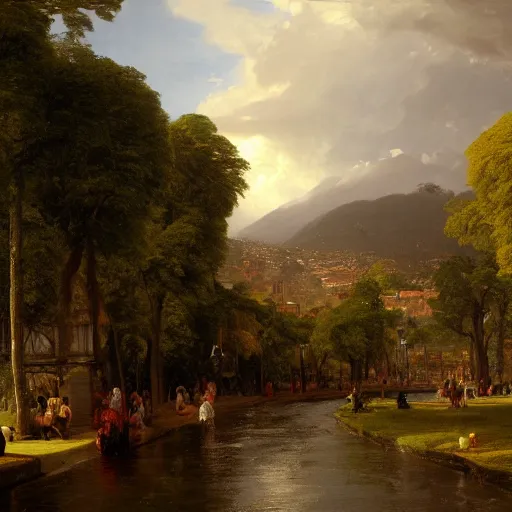 Prompt: bogota, colombia, painted by thomas cole, with dramatic lighting, concept art, matte painting, 8 k, highly detailed, artstation