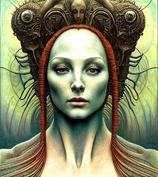 Image similar to detailed realistic beautiful young cher as alien robot as queen of mars face portrait by jean delville, gustave dore and marco mazzoni, art nouveau, symbolist, visionary, gothic, pre - raphaelite. horizontal symmetry by zdzisław beksinski, iris van herpen, raymond swanland and alphonse mucha. highly detailed, hyper - real, beautiful