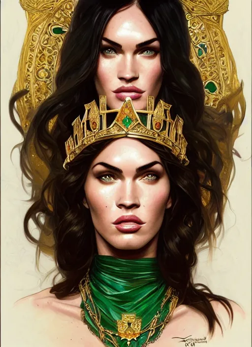 Image similar to portrait of megan fox as a queen, throne, jewelry, greek, emerald, intricate, headshot, highly detailed, digital painting, artstation, concept art, sharp focus, cinematic lighting, illustration, art by artgerm and greg rutkowski, alphonse mucha, cgsociety