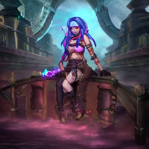 Image similar to jinx from arcane sitting on a bridge seeing hallucinations of ragnarok, artstation, steampunk style