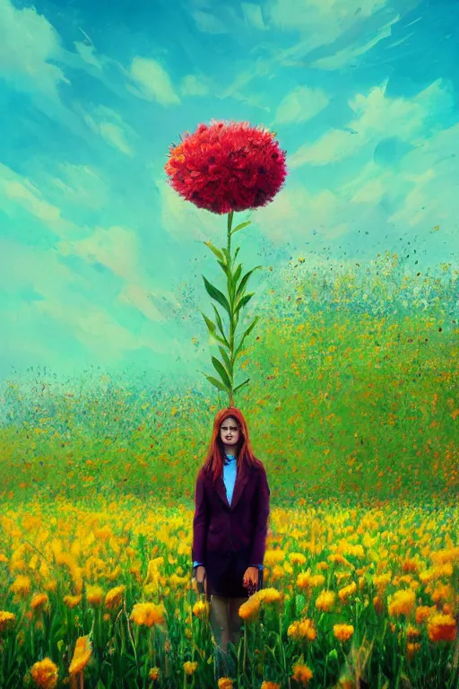 Image similar to closeup, giant flower head, girl in suit standing in a field of flowers, surreal photography, sunrise, blue sky, dramatic light, impressionist painting, digital painting, artstation, simon stalenhag