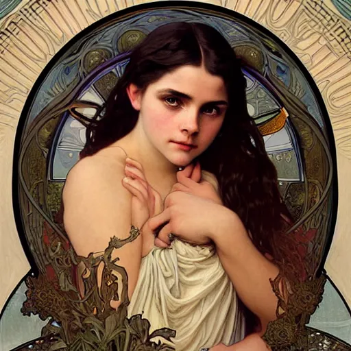 Prompt: detailed portrait art nouveau painting of the goddess of the moon, backlit, who resembles cyborg robot woman Chloe Grace Moretz, and Emma Watson with anxious, piercing eyes, by Alphonse Mucha, Michael Whelan, William Adolphe Bouguereau, John Williams Waterhouse,and Donato Giancola