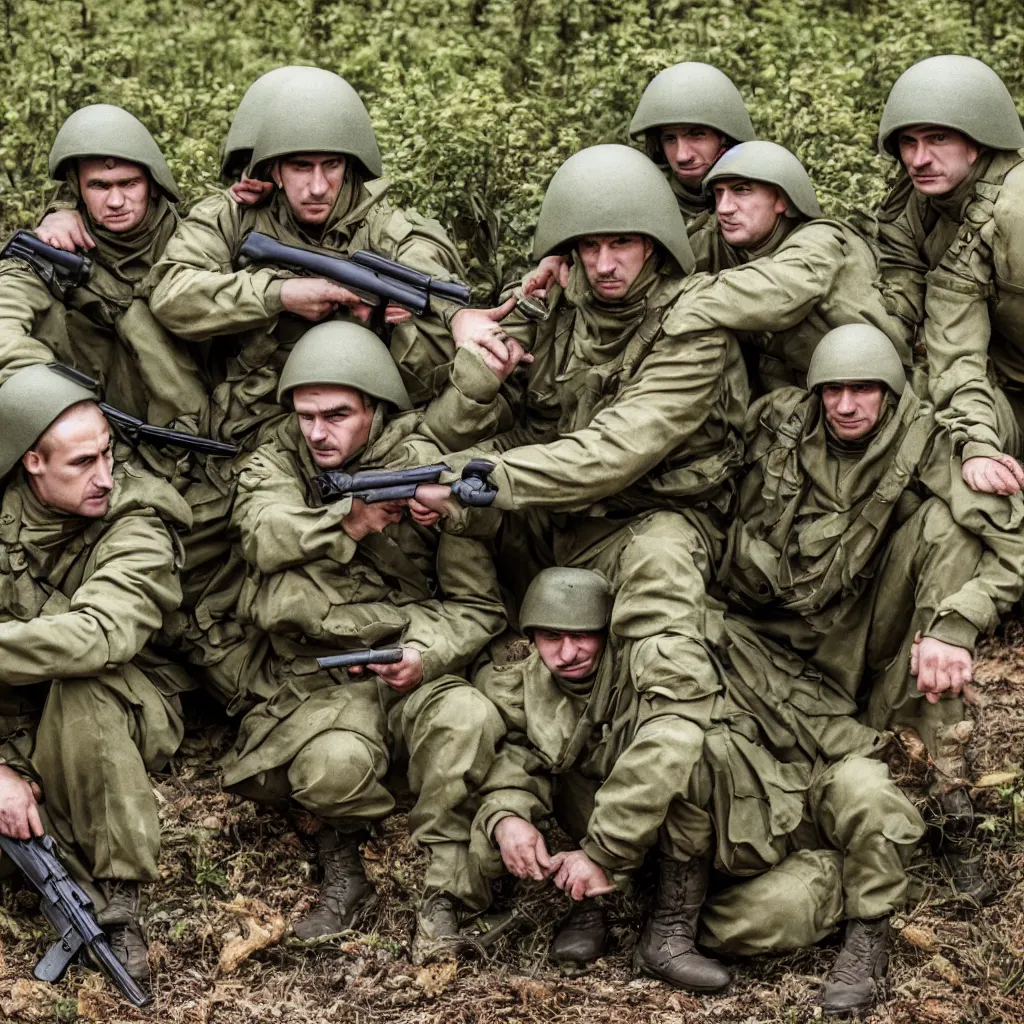 Image similar to soviet spetsnaz soldiers with mushrooms instead of helmets, retro, very detailed, 4 k, professional photography