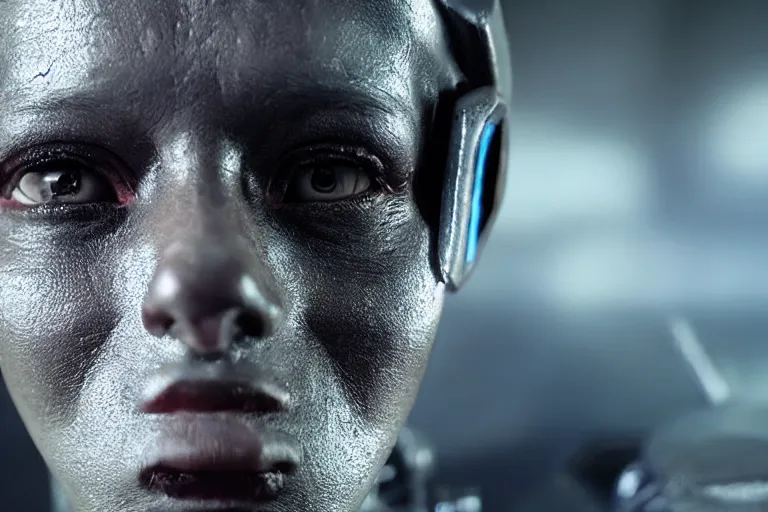 Prompt: VFX movie of a futuristic robot mercenary closeup portrait in war zone, natural lighting by Emmanuel Lubezki