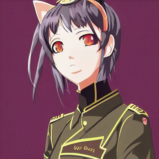 Image similar to digital artwork of adult female anime character with cat ears wearing soviet era uniform, wearing a tshirt with a face of karl marx on it, in the style of krenz cushart