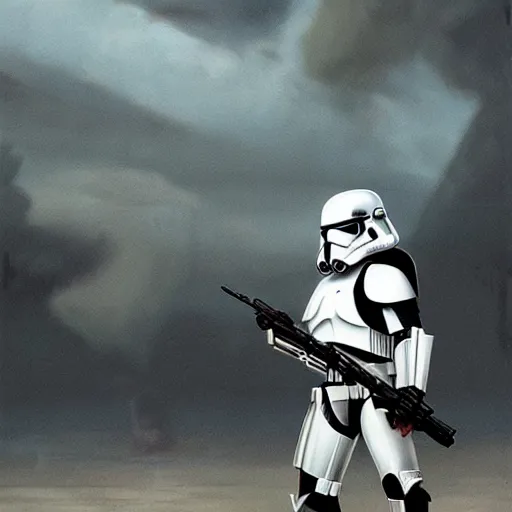 Image similar to an extremely long shot of an imperial stormtrooper in battle position ready to shoot his blaster concept art by Doug Chiang cinematic, realistic painting, high definition, very detailed, extremely high detail, photo realistic, concept art, the Mandalorian concept art style, green background