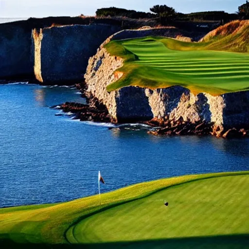 Prompt: a great photo from the teebox of the most amazing golf hole in the words, cliffs by the sea, perfect green fairway, ambient light