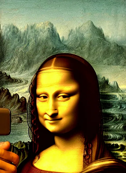 Image similar to oil painting of Mona Lisa by Leonardo Da Vinci but Mona Lisa is using an iPhone to take a selfie, selfie pose