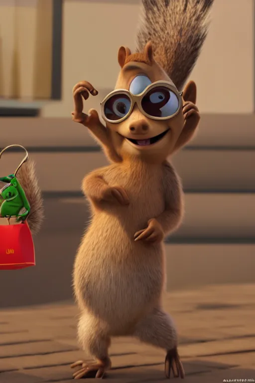 Image similar to crazy squirrel robbing a bank. pixar disney 4 k 3 d render funny animation movie oscar winning trending on artststion and behance. oscar award winning.