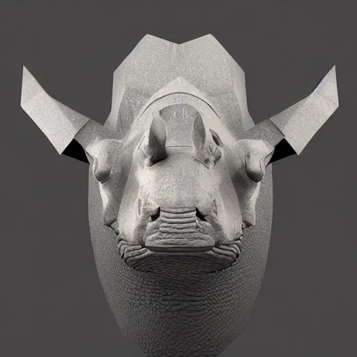 Image similar to rhino head made of black cast iron on a black background. gothic baroque. low poly. symmetry. epic. ominous shapes. hyper detailed.