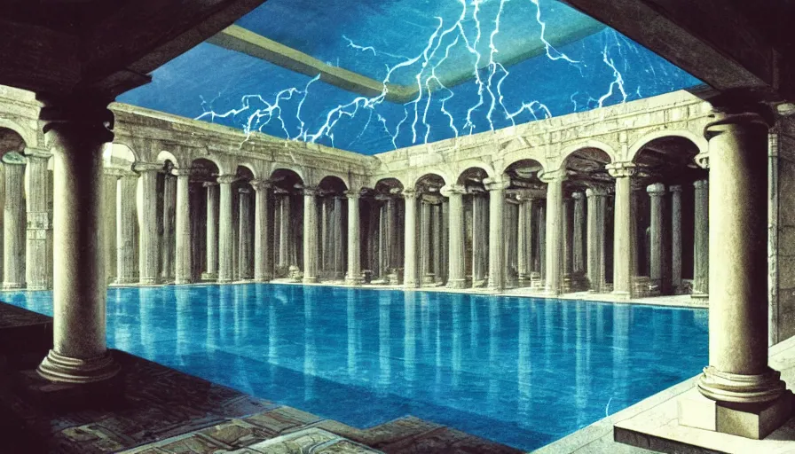 Prompt: A 1985 magazine architecture photo of a pool inside the giant Palace, mediterranean balustrade and columns, refracted lines and sparkles, thunderstorm, greek pool, beach and Tropical vegetation on the background major arcana sky and occult symbols, kitchen by paul delaroche, hyperrealistic 8k uhd, award-winning, 1985