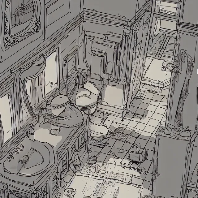 Prompt: a bird's eye view from the top of the bathroom from the movie the shining, extremely detailed digital video, trending artstation concept art sharp focus, cartoon style