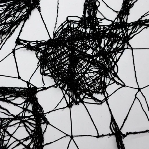 Image similar to a damaged mesh made out of tiny threads with rips and tears, black drawing on white paper