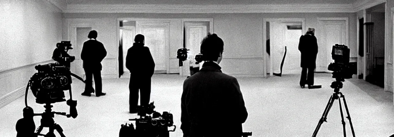 Image similar to Cinematography a behind the scenes shot from The shining movie. Hollywood. Camera crew. Kubrick. Cinema.