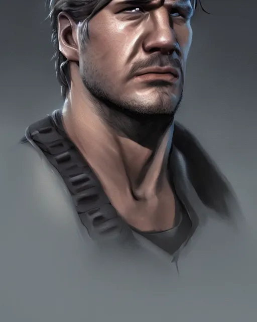 Prompt: solid snake bust portrait, cinematic lighting, backlit face, tired expression, close - up, black atmospheric background, 4 k ultra detailed digital photoshop painting, best of artstation hdr, official artwork hdr